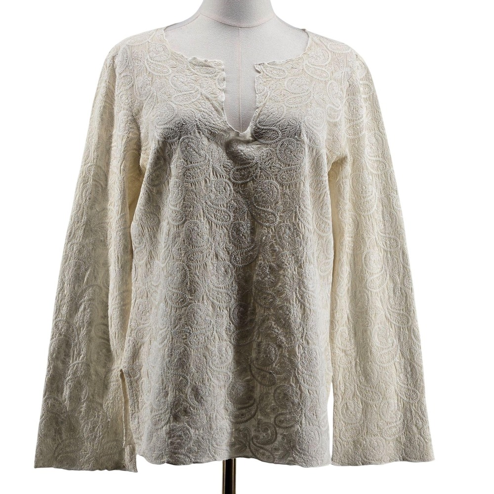 Johnny Was Tunic‎ Womens M White Embroidered Paisley Lightweight Cotton/Silk